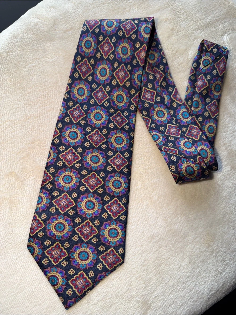 Men's Patterned Silk Tie in Navy with Multicolor Medallions